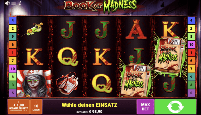 Spieloberfläche des Slots Book of Madness mit gruseligen Symbolen